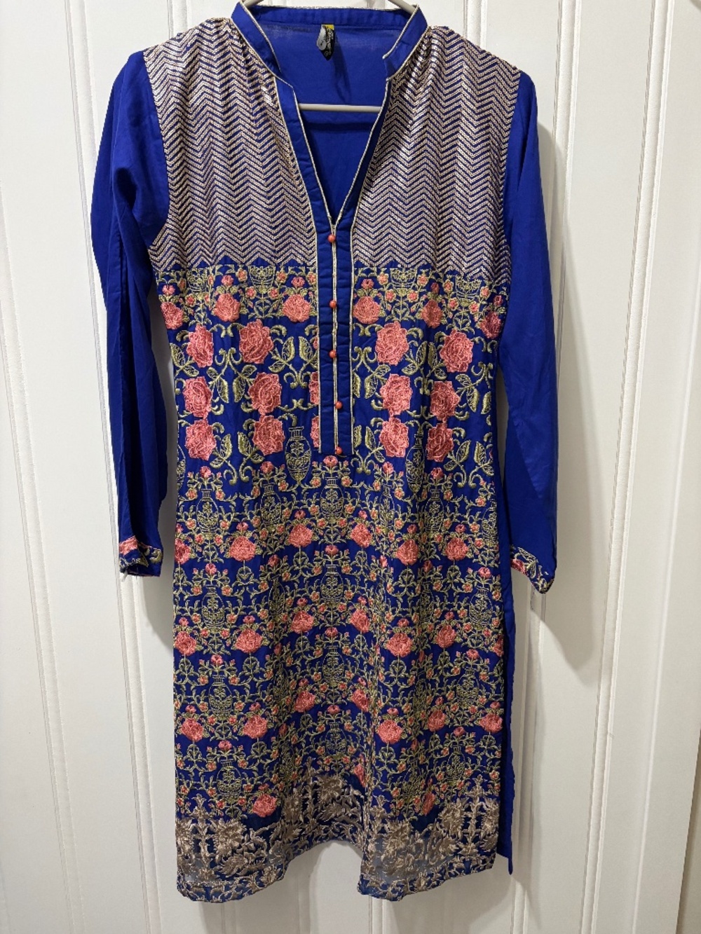 Royal Blue Embroidered Kurta Tunic Dress Size S Floral Gold Boho Ethnic